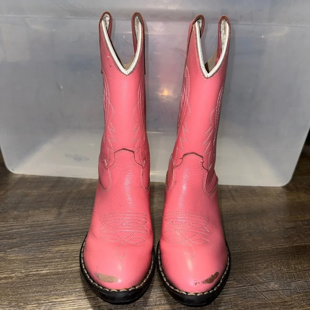 Old West Girls Cowboy Boots Size 11 D Pink Leather Western Cowgirl J Toe 8119